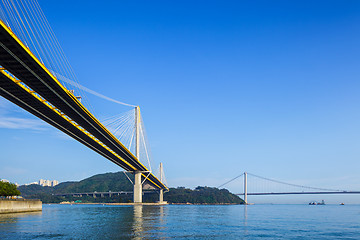 Image showing Ting Kau and Tsing Ma suspension bridge in Hong Kong