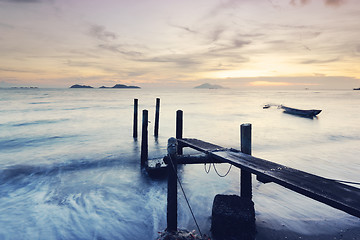 Image showing Wooden jetty during sunset