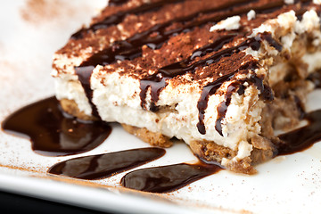 Image showing Tiramisu with Chocolate Sauce