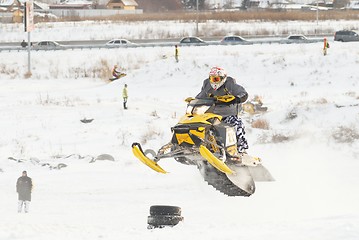 Image showing Sport snowmobile jump