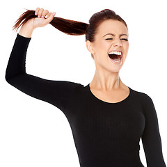 Image showing Woman fed up with long hair screaming