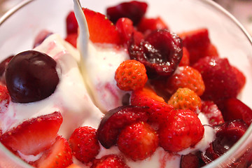 Image showing icecream with cherry and wild strawberry