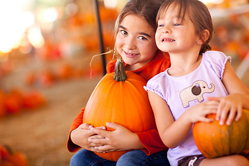 Image showing Cute Little Girls Holding Their Pumpkins At A Pumpkin Patch