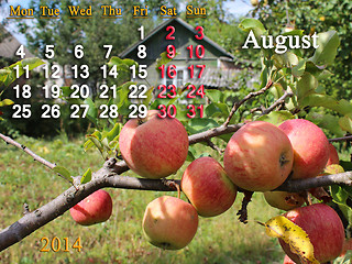 Image showing calendar for the August of 2014 year with apples