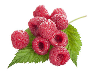 Image showing Ripe raspberry with green leaf