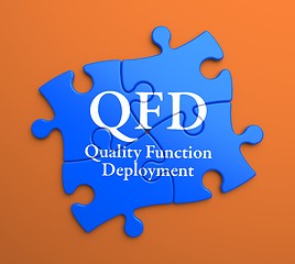 Image showing QFD on Blue Puzzle Pieces. Business Concept.