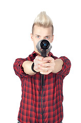 Image showing Portrait of handsome man with hairdryer