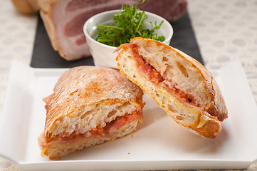 Image showing ciabatta panini sandwich with parma ham and tomato