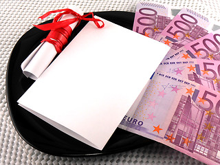 Image showing 500 euro money with blank paper and gift bow