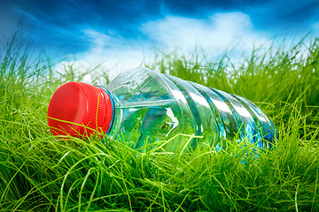 Image showing Water bottle on the grass.