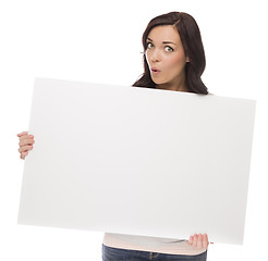Image showing Wide Eyed Mixed Race Female Holding Blank Sign on White
