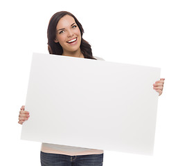 Image showing Beautiful Mixed Race Female Holding Blank Sign on White
