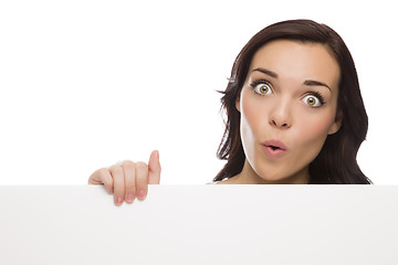 Image showing Wide Eyed Mixed Race Female Holding Blank Sign on White
