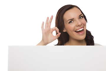 Image showing Smiling Mixed Race Female Holding Blank Sign on White
