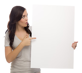 Image showing Beautiful Mixed Race Female Holding Blank Sign on White
