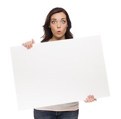 Image showing Wide Eyed Mixed Race Female Holding Blank Sign on White
