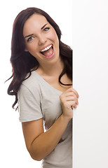 Image showing Beautiful Mixed Race Female Holding Blank Sign on White
