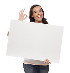 Image showing Smiling Mixed Race Female Holding Blank Sign on White
