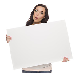 Image showing Wide Eyed Mixed Race Female Holding Blank Sign on White
