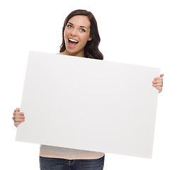 Image showing Beautiful Mixed Race Female Holding Blank Sign on White
