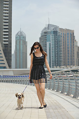 Image showing happy young woman with puppy have fun