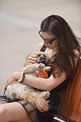 Image showing happy young woman with puppy have fun