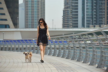 Image showing happy young woman with puppy have fun