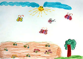 Image showing children's drawing with many flowers on the bed