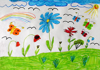 Image showing Children's drawing with butterflies and flowers