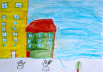 Image showing Children's drawing of houses and snowmen