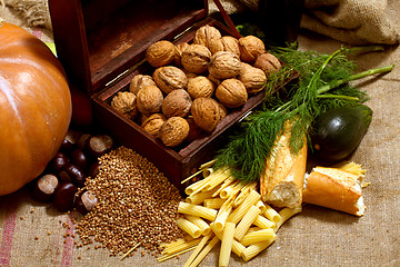 Image showing Still Life with Chest, Nuts, Pumpkin, Bread 