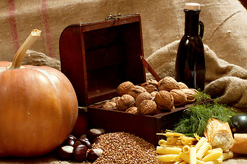 Image showing Still Life with Chest, Nuts, Pumpkin, Bread 