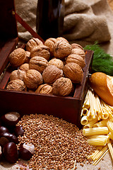 Image showing Still Life with Chest, Nuts, Pumpkin, Bread 