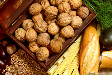 Image showing Still Life with Chest, Nuts, Pumpkin, Bread 