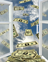 Image showing window to the heaven and dollars flying away