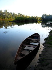 Image showing landscape with river and boat in the evening