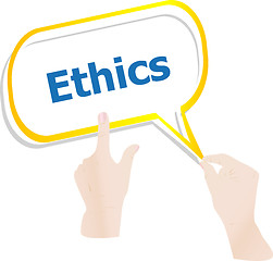 Image showing hands holding abstract cloud with ethics word