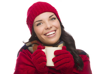 Image showing Mixed Race Woman Wearing Winter Hat and Gloves Holds Mug