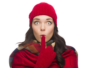 Image showing Wide Eyed Mixed Race Woman Wearing Winter Hat and Gloves 