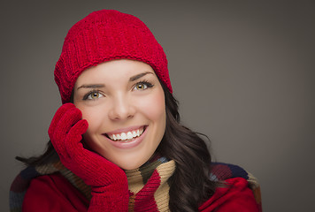 Image showing Smilng Mixed Race Woman Wearing Winter Hat and Gloves 