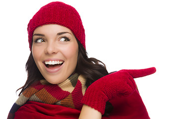 Image showing Mixed Race Woman Wearing Mittens and Pointing to the Side