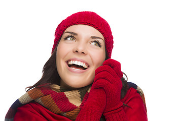 Image showing Mixed Race Woman Wearing Mittens and Hat Looks to Side