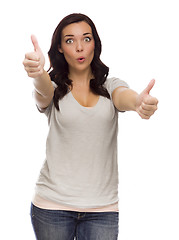 Image showing Wide Eyed Mixed Race Model Giving Thumbs Up on White