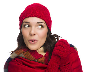 Image showing Mixed Race Woman Wearing Mittens and Hat Looks to Side