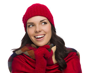 Image showing Mixed Race Woman Wearing Mittens and Hat Looks to Side