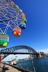 Image showing Ferris Wheel and Sydney Harbour Bridge, Australia