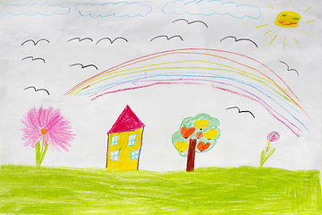 Image showing Children's drawing of houses and rainbow