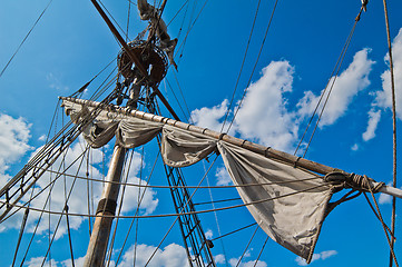 Image showing Mast with sails of an old sailing vessel