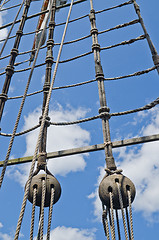 Image showing Blocks and rigging at the old sailboat, close-up