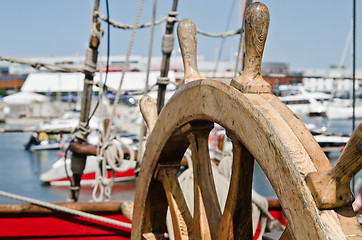 Image showing Steering wheel of an old sailing vessel, close up